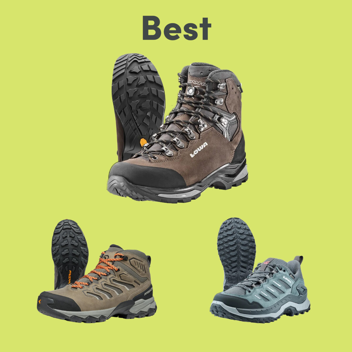 Three top hiking boots compared: tall Lowa leather, mid-cut charcoal, and low-cut trail shoe.