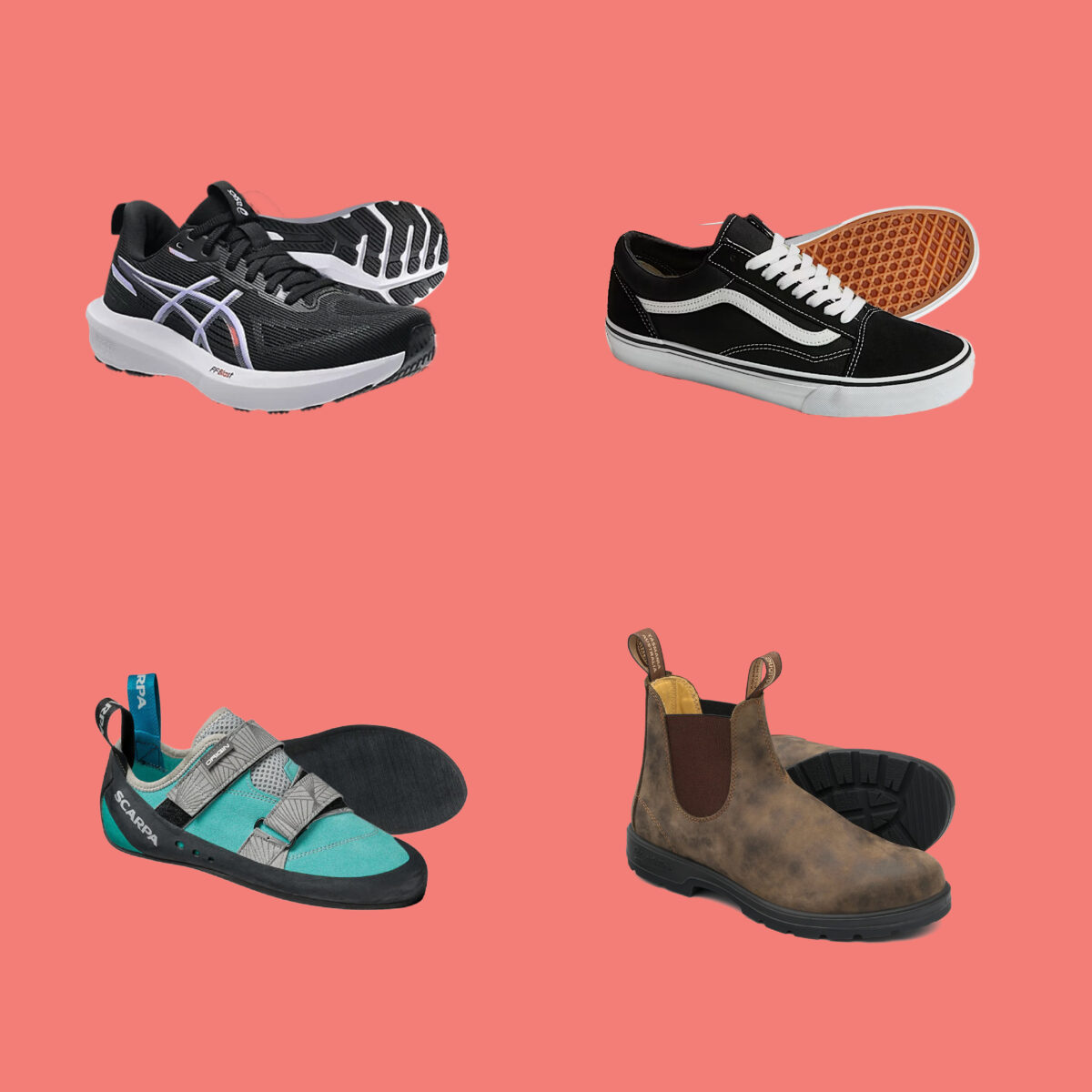 Four shoe types: ASICS runners, Vans sneakers, climbing shoes, and Blundstone Chelsea boots.