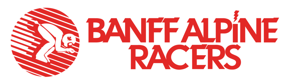 Banff Alpine Racers logo, red racing skier emblem for race training in Banff.